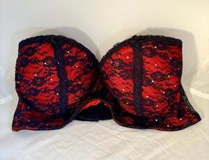 Sophie B. Red and Black Lace Rhinestone Longline Bra Size 36C